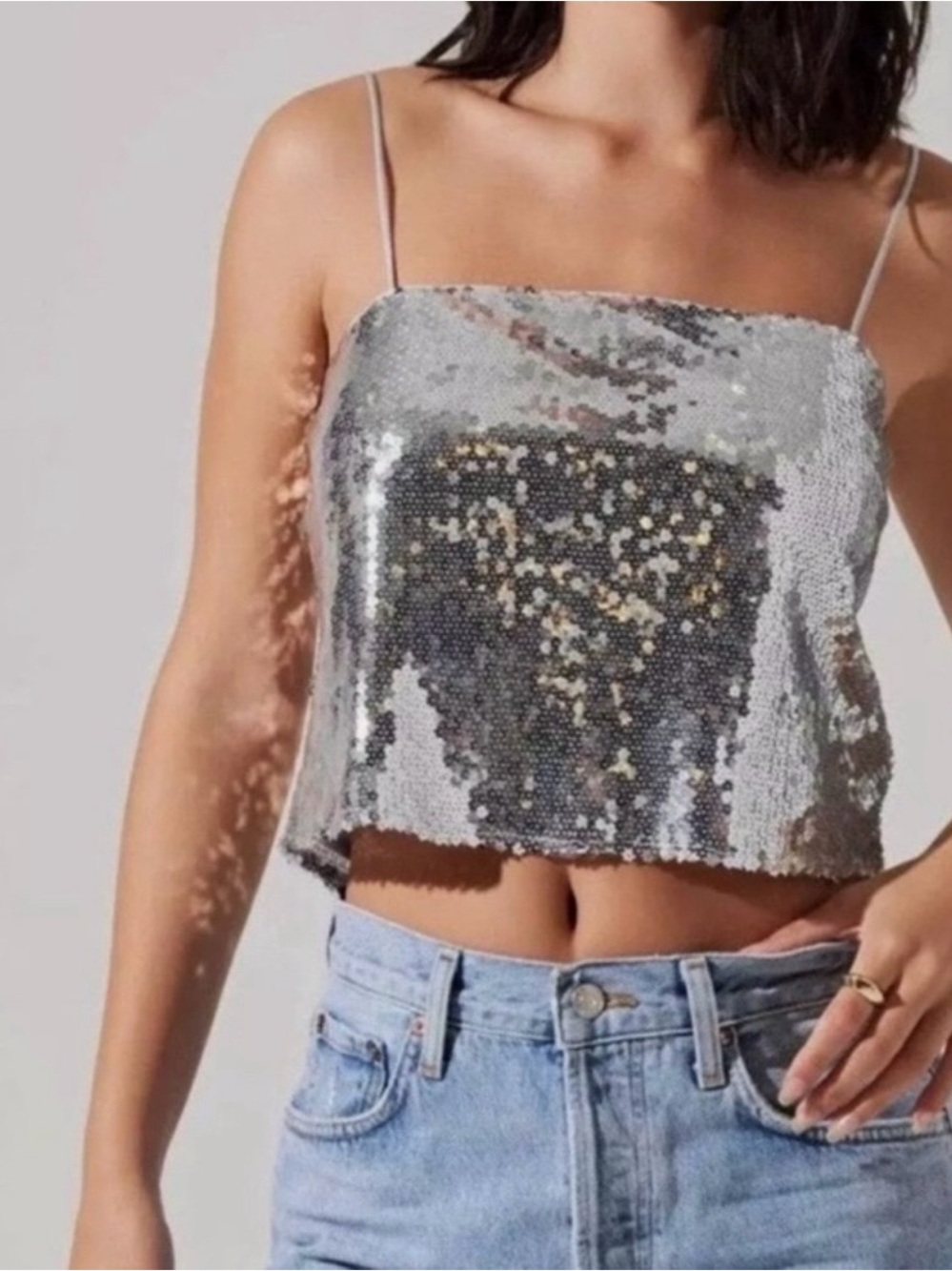ASTR The Label Sikver Sequin Spaghetti Strap Crop Top